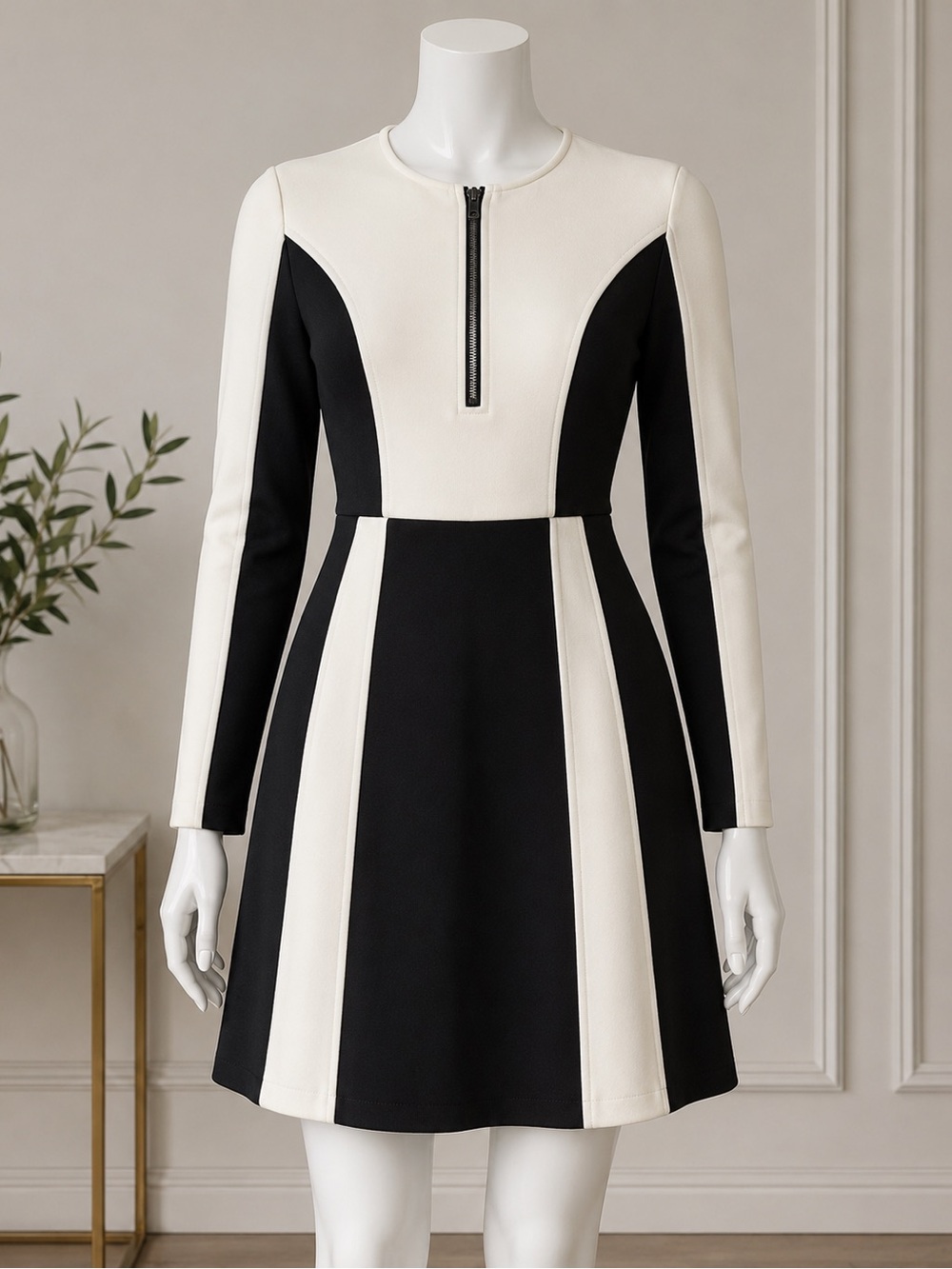 Toccin NY Amazing Black & White Paneled Long-Sleeve A-Line Dress NWT